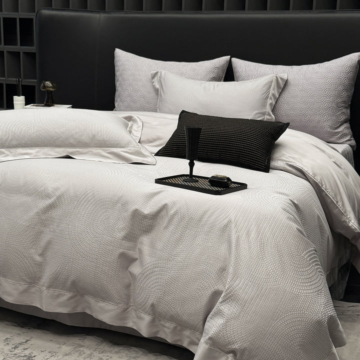 Textured Jacquard Cotton Sateen Duvet Cover Set with Satin-Finish Border and Quilted Euro Shams