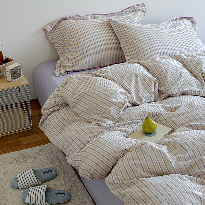 Striped Cotton-Linen Duvet Cover and Pillowcase Set with Brushed Soft Breathable Weave