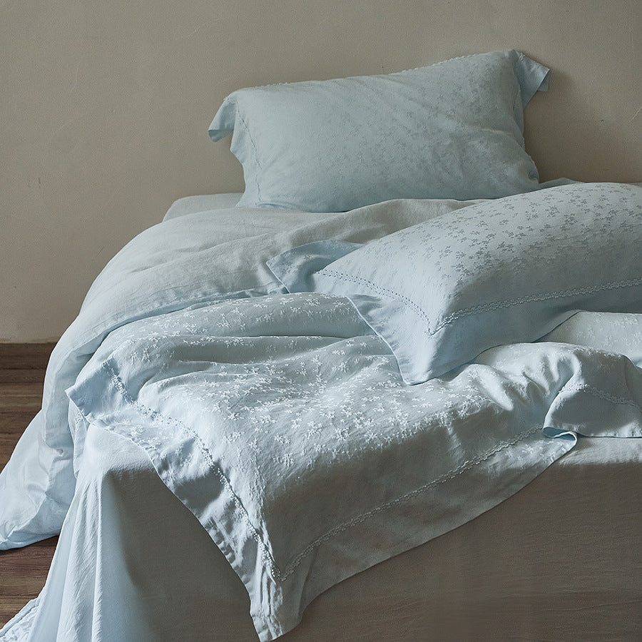Washed-Linen Cotton Jacquard Duvet Cover Set with Scalloped Sham Trim