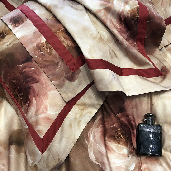 Satin bedding set with watercolor rose design, hotel closure and contrast piping