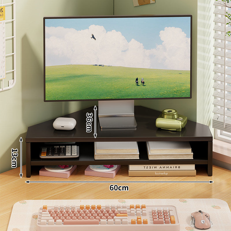 Corner Wooden Monitor Riser with Dual-Tier Storage Shelf
