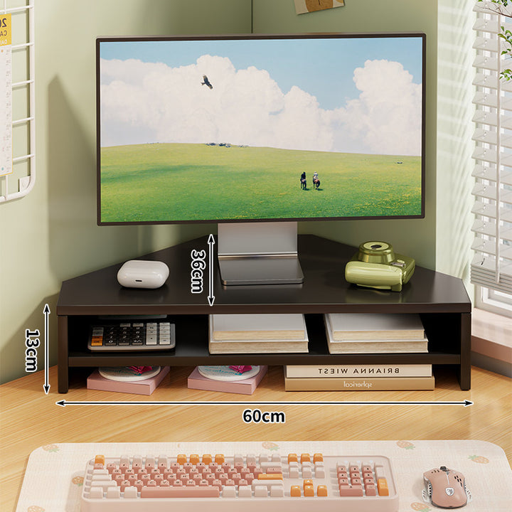 Corner Wooden Monitor Riser with Dual-Tier Storage Shelf