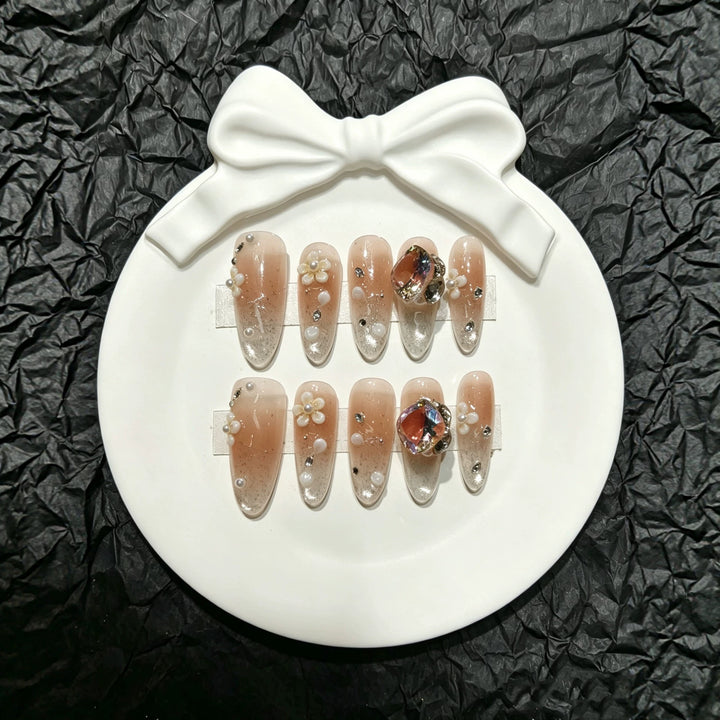 Decorative Press-On Nail Art Set with Floral and Gem Accents  1791773626