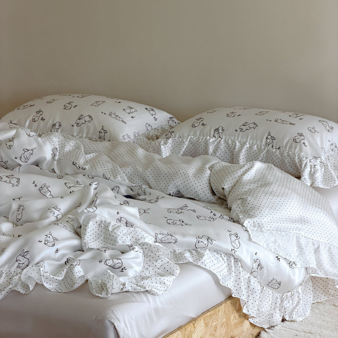 Ruffled Cotton Duvet Cover and Bed Skirt Set with Playful Bunny Print