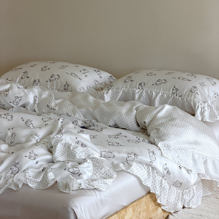 Ruffled Cotton Duvet Cover and Bed Skirt Set with Playful Bunny Print