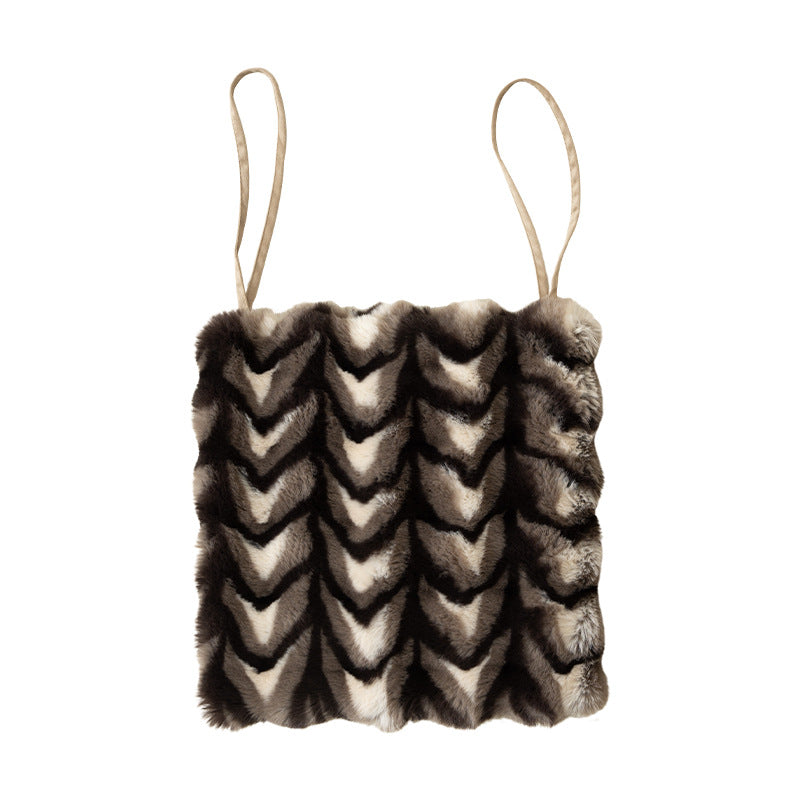 short-cut imitation fur crop top with thin spaghetti straps