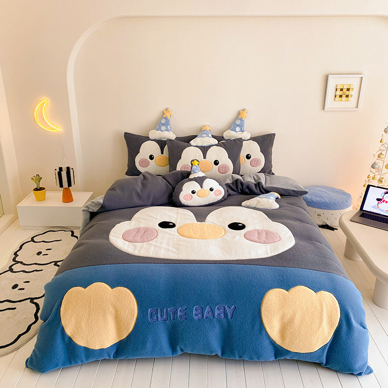 Plush Embroidered Fleece Comforter Bedspread Set with Cat Face Pillow Shams