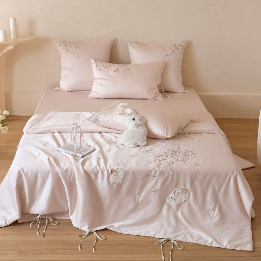 Satin-Feel Embroidered Bunny Duvet Cover Set with Tie-Closure Pillow Shams