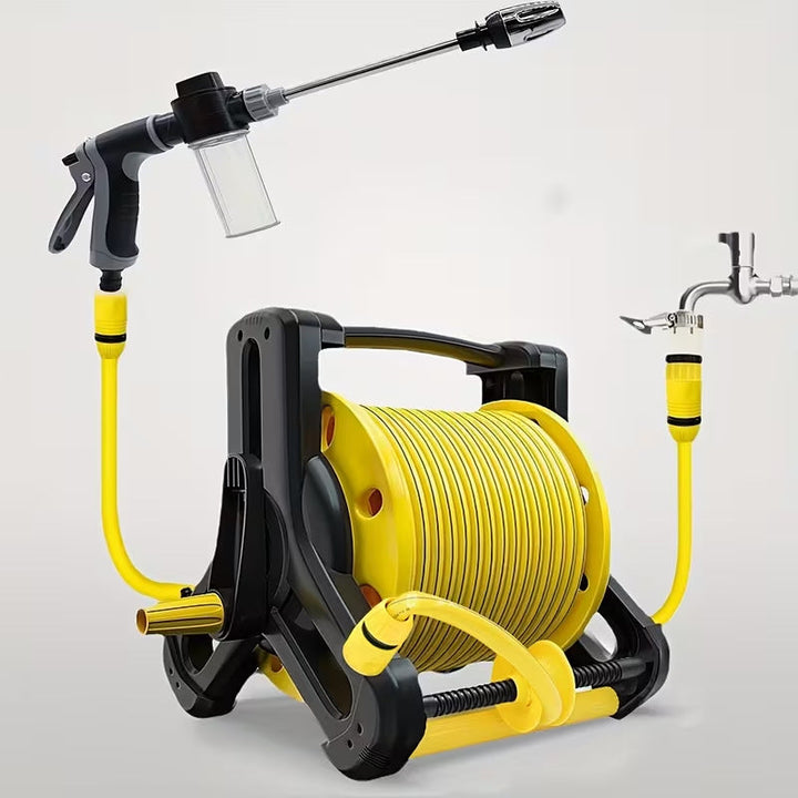 heavy-duty retractable garden hose reel system with pistol spray gun and faucet connector Stornfield