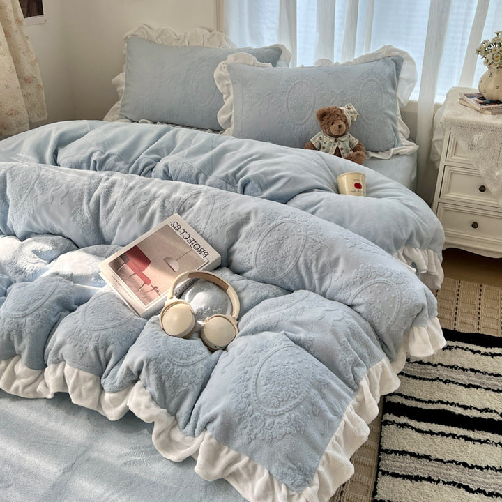 Plush Embossed Velvet-Feel Ruffled Duvet Cover Set with Frilled Pillow Shams