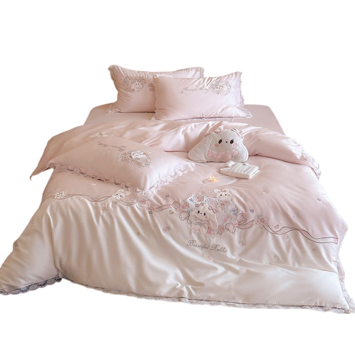 Children's Embroidered Bunny Cotton Duvet Cover Set with Lace-Trim Pillow Shams & Plush Decorative Cushion