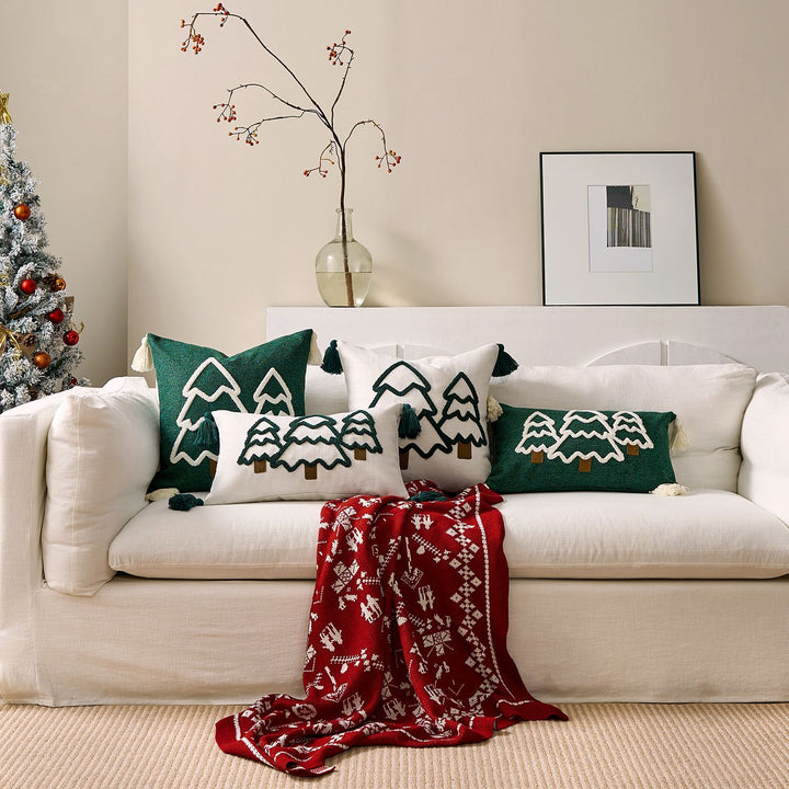 Embroidered Winter Tree Tassel Lumbar Throw Pillow