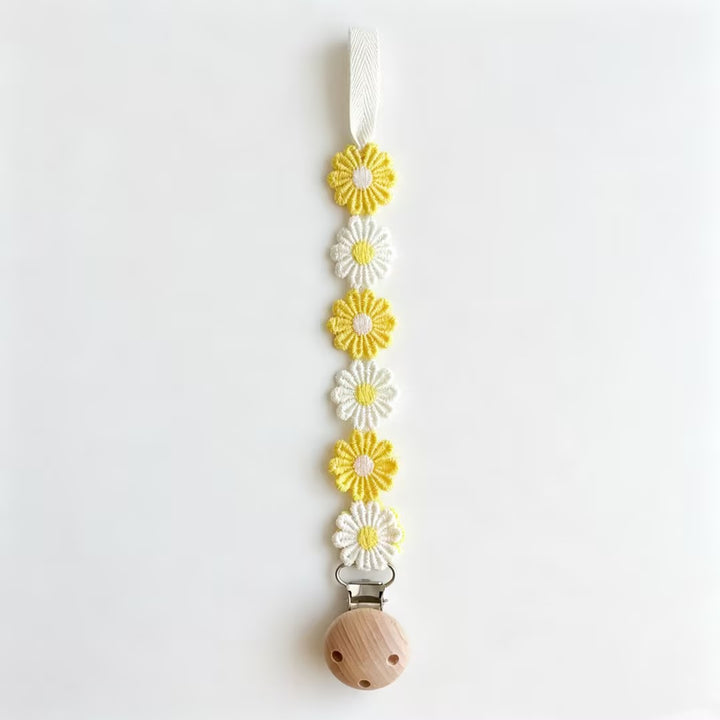 Crochet Floral Pacifier Clip with Wooden Bead Clip