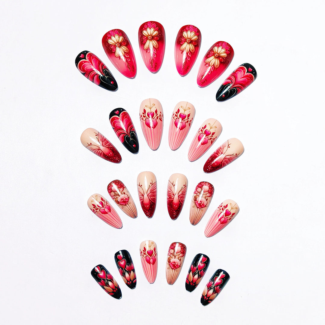 Artificial nails with romantic heart and floral designs Stornfield