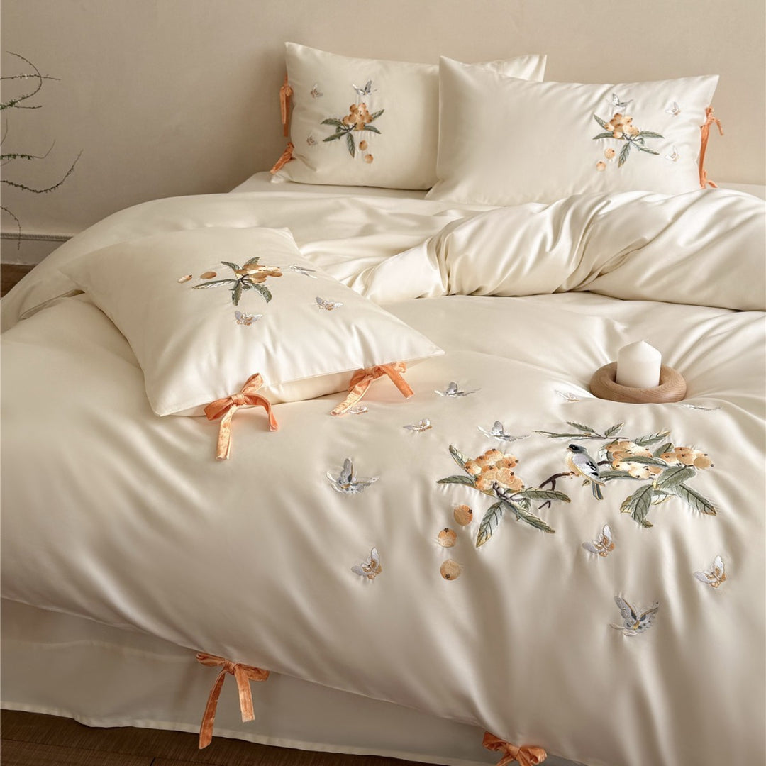Luxury Embroidered Satin Duvet Cover Set with Botanical Bird Motif and Velvet Tie Closures