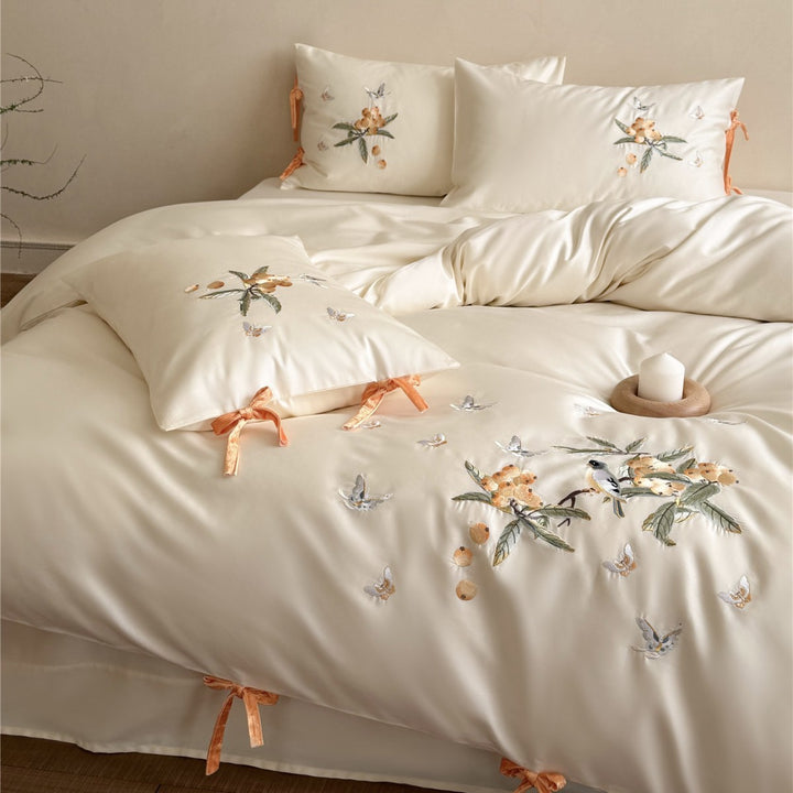 Luxury Embroidered Satin Duvet Cover Set with Botanical Bird Motif and Velvet Tie Closures