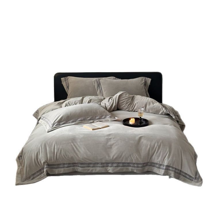 Luxury Brushed Velvet Duvet Cover Set with Lace-Inset Border