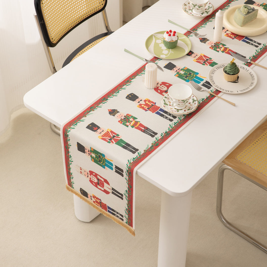 Christmas Jacquard Table Runner with Nutcracker Motif and Fringes