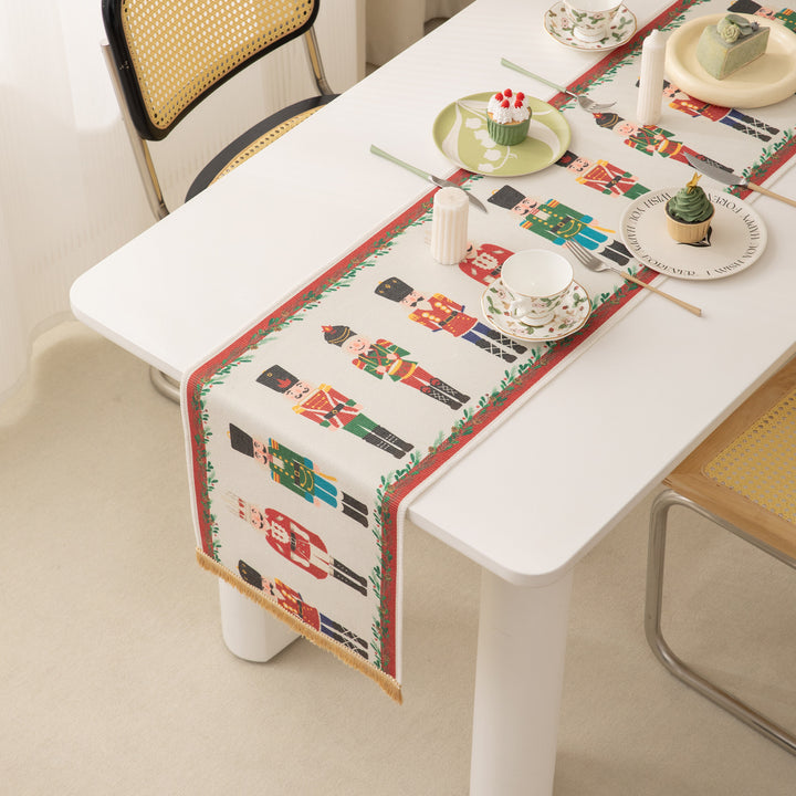 Christmas Jacquard Table Runner with Nutcracker Motif and Fringes