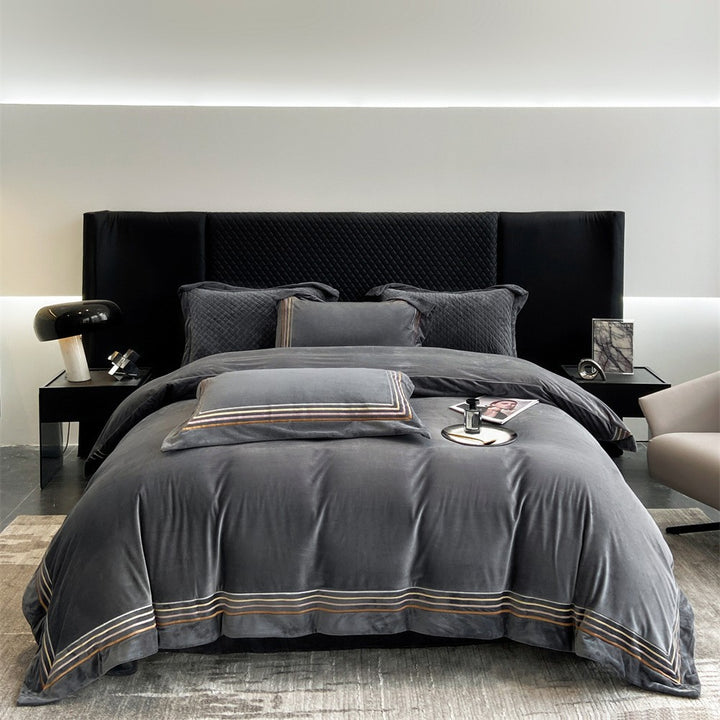 Luxury Velvet Duvet Cover and Pillowcase Bedding Set with Embroidered Hem