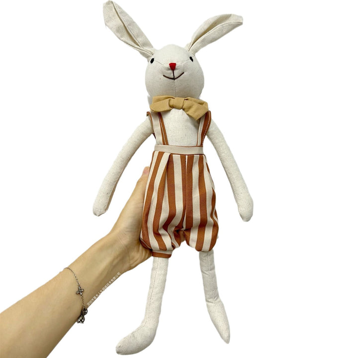 Handcrafted Floppy-Eared Linen Bunny Doll with Embroidered Face and Check Overalls