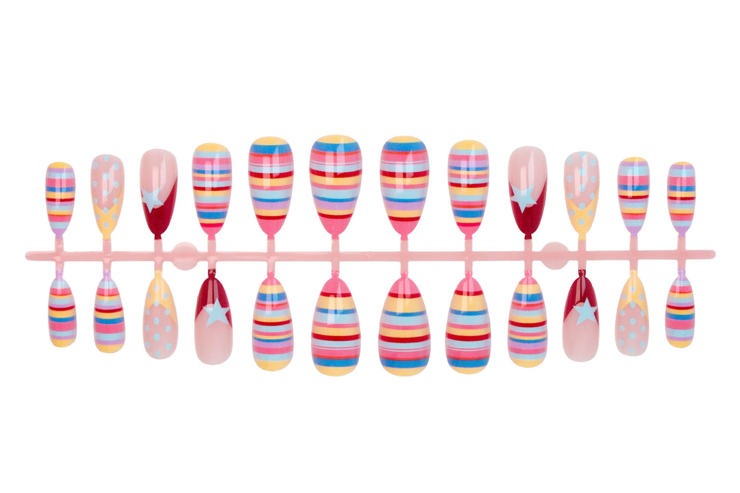 Artificial nail set with colorful stripes and creative designs Stornfield