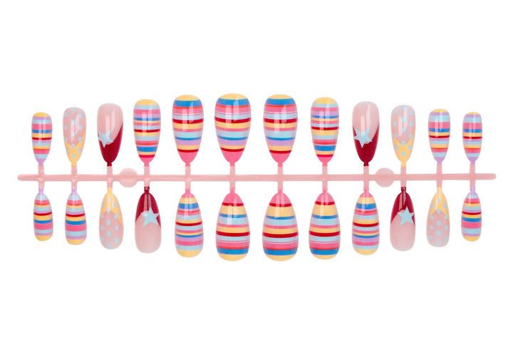 Artificial nail set with colorful stripes and creative designs Stornfield
