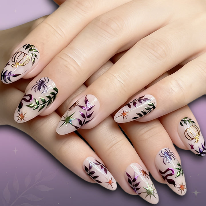 Artistic Press-On Nail Set with Halloween-Inspired Designs Stornfield