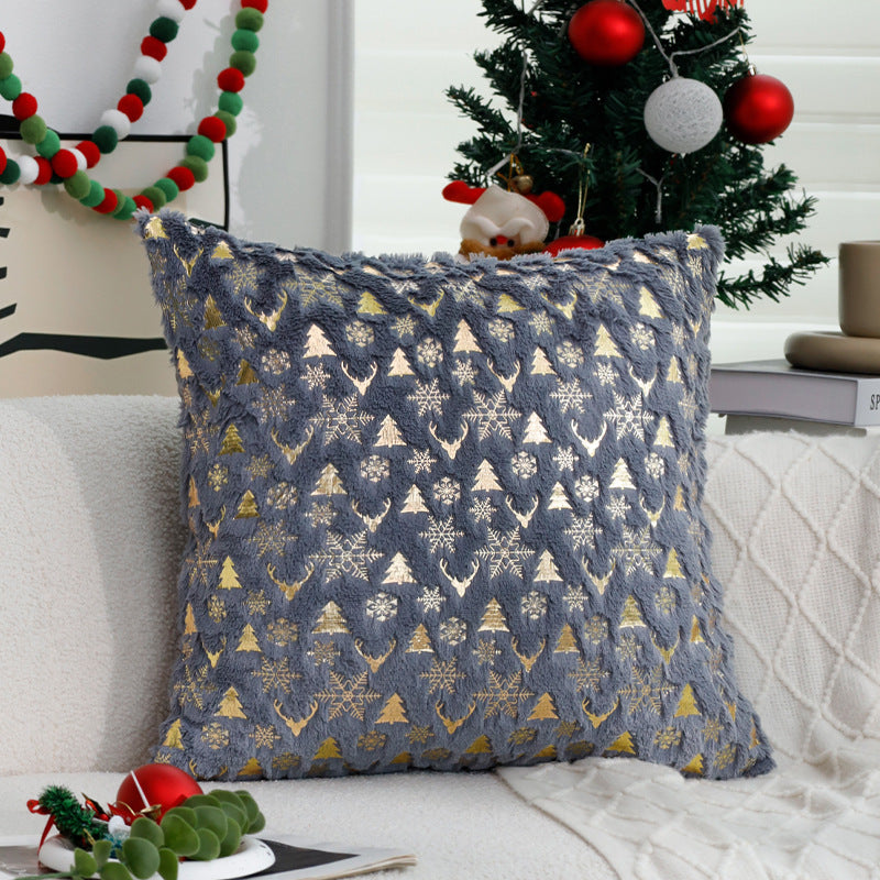 Square Christmas pillowcase made of velvet with deer, Christmas tree, and snowflake design Stornfield