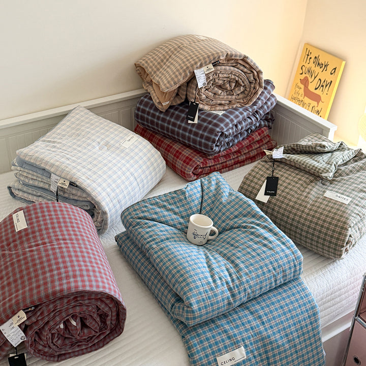 Quilted Plaid Cotton Mattress Cover and Comforter Set with Embroidered Animal Appliqué