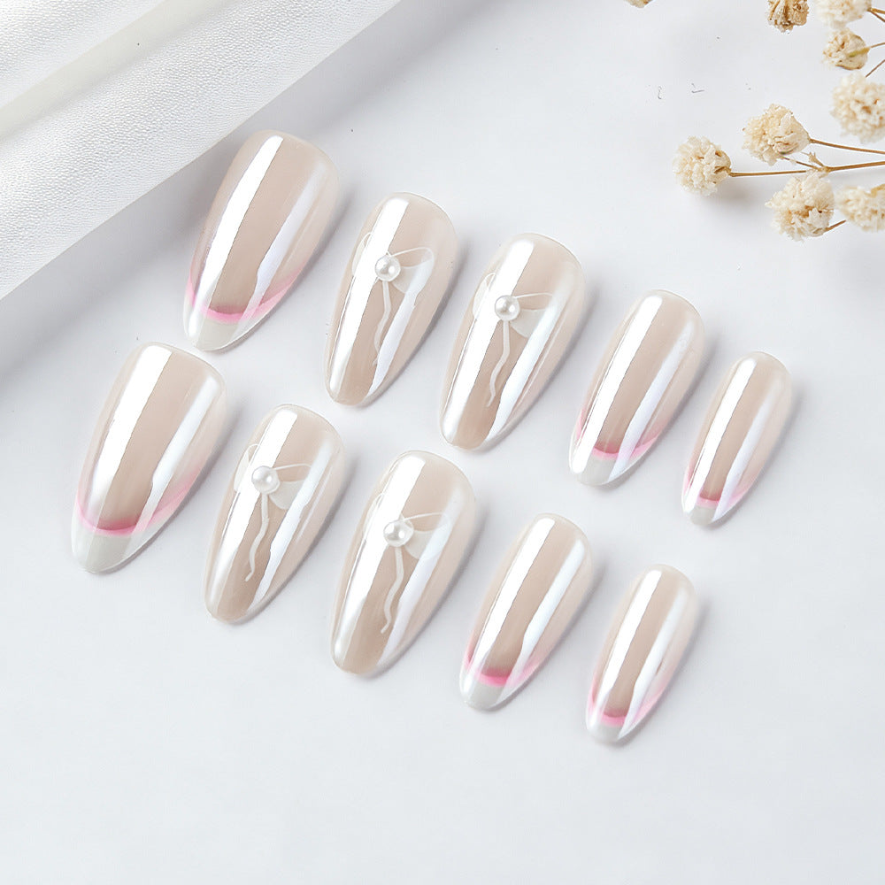 Elegant French Tip Press-On Nails with Bow Accents Stornfield