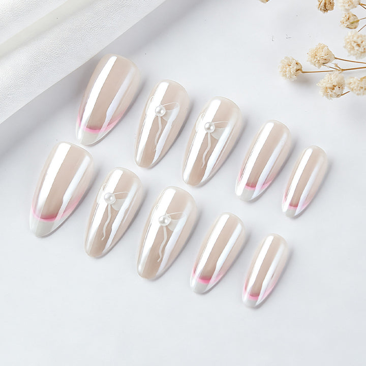 Elegant French Tip Press-On Nails with Bow Accents Stornfield