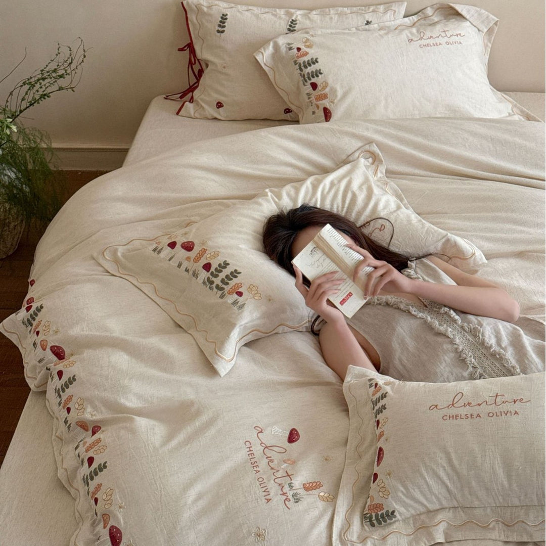 Embroidered Botanical Cotton Duvet Cover Set with Scalloped Ruffle & Pillow Shams