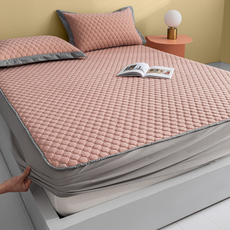 Quilted mattress topper complete set with elastic bed skirt and pillowcases