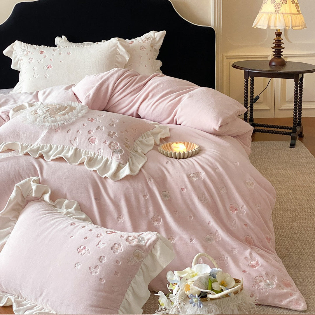 Soft Brushed Cotton Floral Embroidered Ruffled Duvet Cover & Sham Set