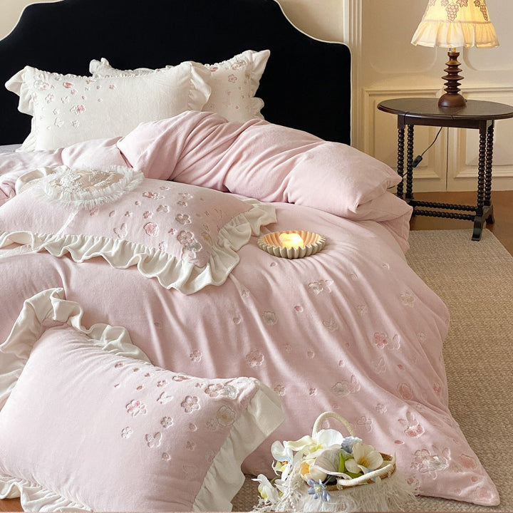 Soft Brushed Cotton Floral Embroidered Ruffled Duvet Cover & Sham Set