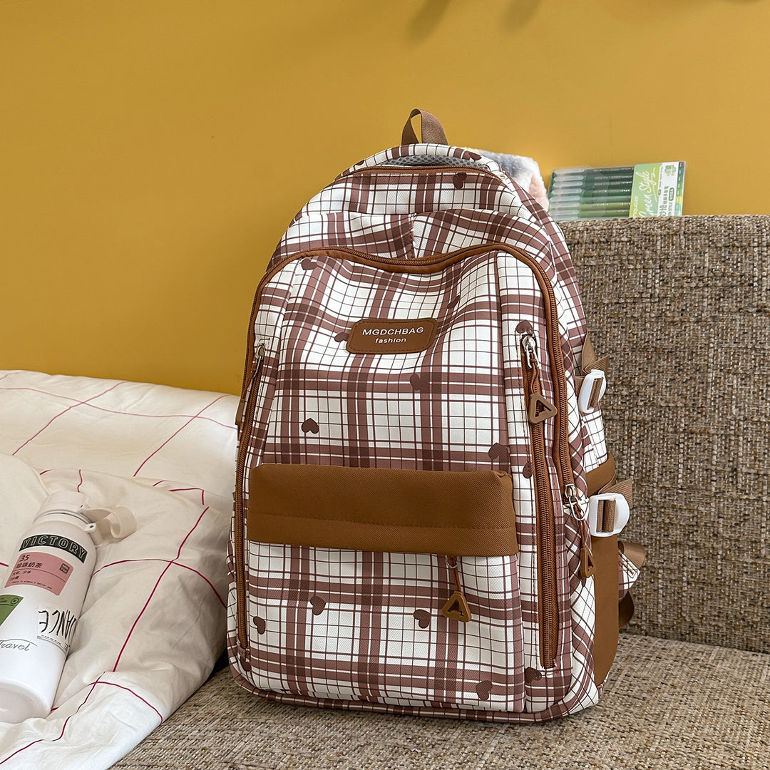 Stylish Checked Backpack with Heart Accents Stornfield