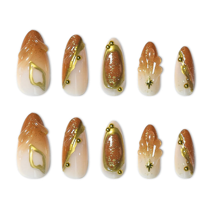 Luxurious Press-On Nail Set with Ornate Gold Detailing Stornfield