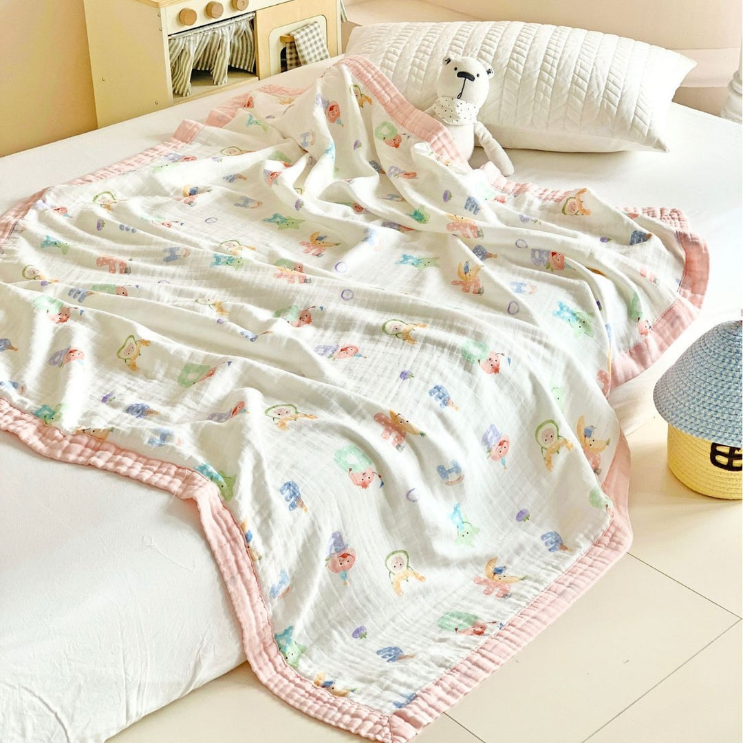 Muslin Cotton Blanket with Whimsical Animal Print and Quilted Border