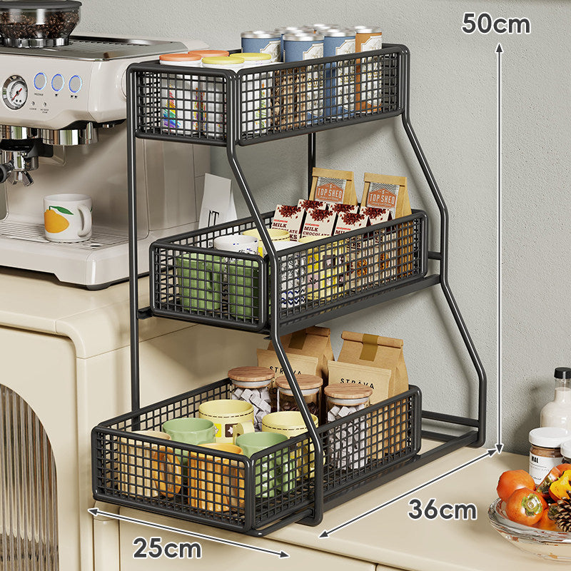 Three-Tier Angled Metal Mesh Countertop Pantry Organizer with Stackable Wire Baskets