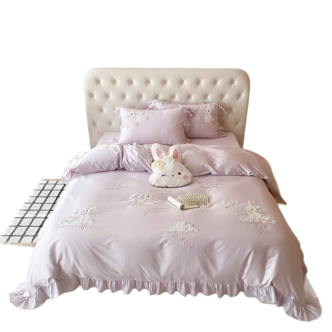 Silky Embroidered Bunny Satin Duvet Cover Set with Ruffled Hem & Oxford Shams