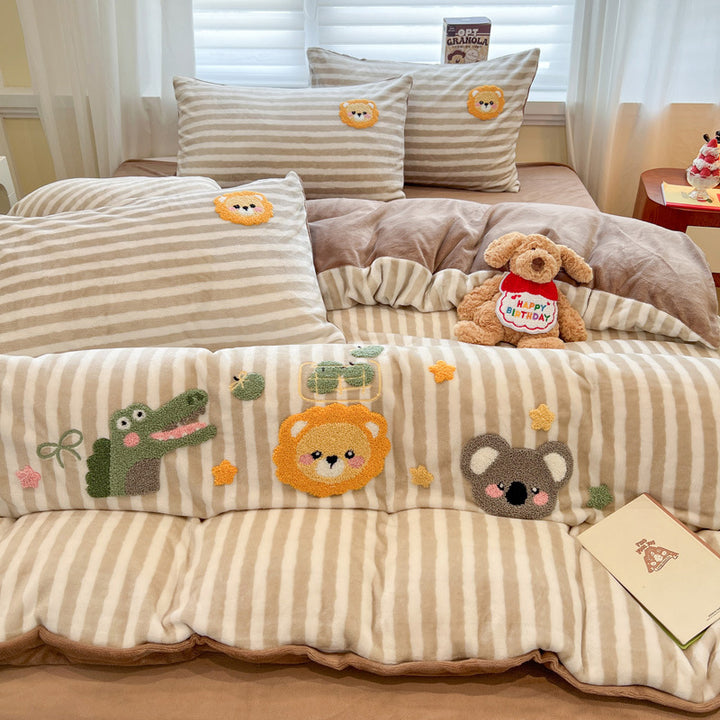 Plush Embroidered Cat Stripe Comforter Bedding Set