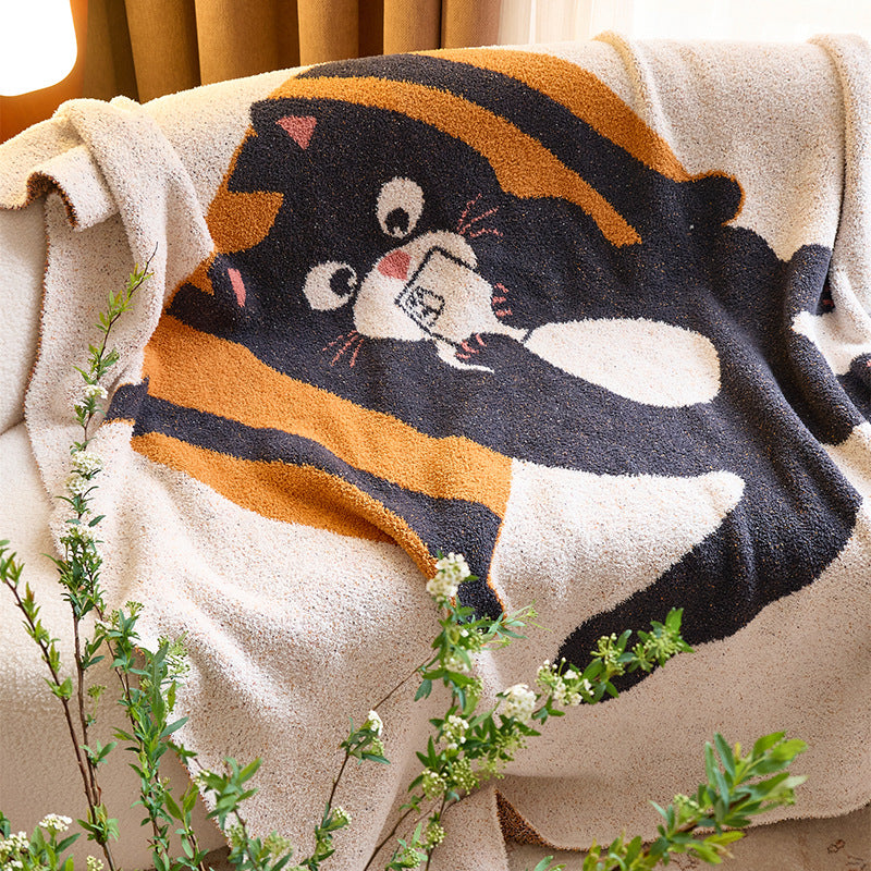 Plush Chenille Throw Blanket with Cartoon Cat Jacquard and Sherpa Backing