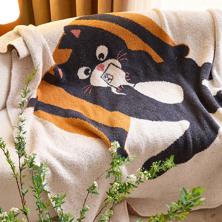 Plush Chenille Throw Blanket with Cartoon Cat Jacquard and Sherpa Backing
