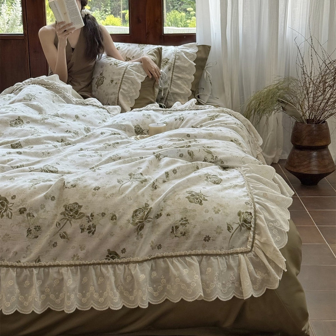 Vintage Floral Ruffled Lace Duvet Cover Set