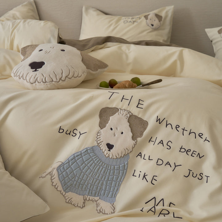 Embroidered Cotton Duvet Cover Set with Reversible Solid Backing and Dog Applique