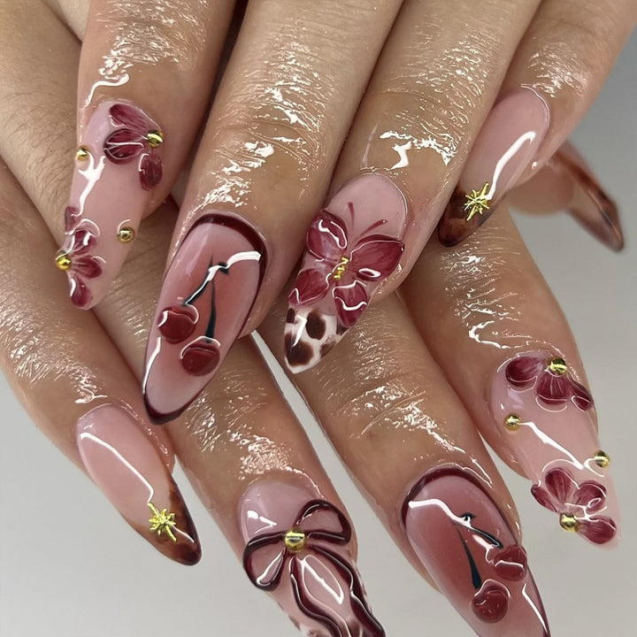 Artful Nail Extensions with Floral Accents Stornfield