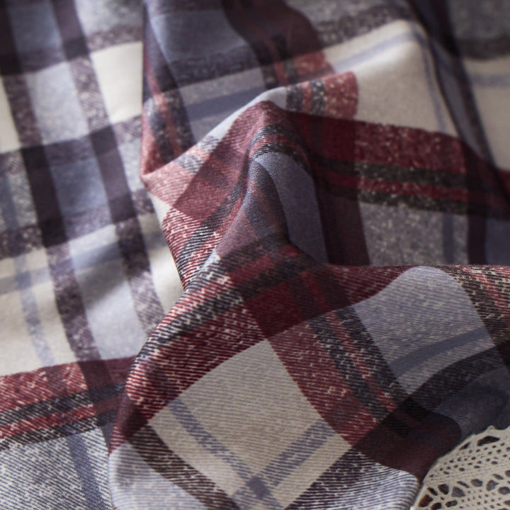 Reversible Plaid and Pinstripe Cotton Sateen Duvet Cover Set with Embroidered Heart Appliqués and Contrast Solid Backing