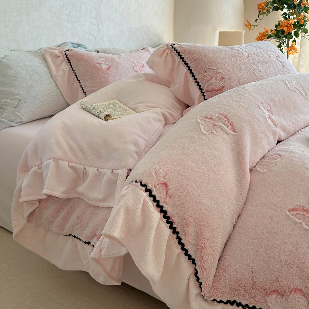 Embroidered Butterfly Ruffled Linen-Blend Duvet Cover Set with Decorative Pillow Shams