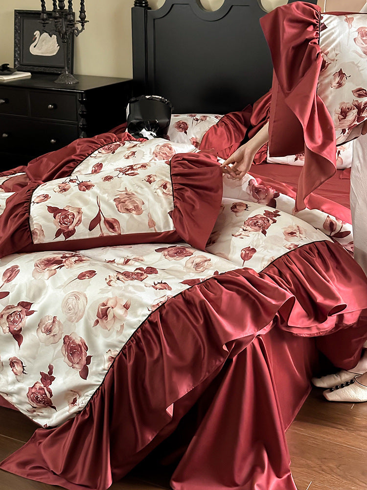 Luxurious flower satin bedding set with frill, bed skirt, and pillowcases